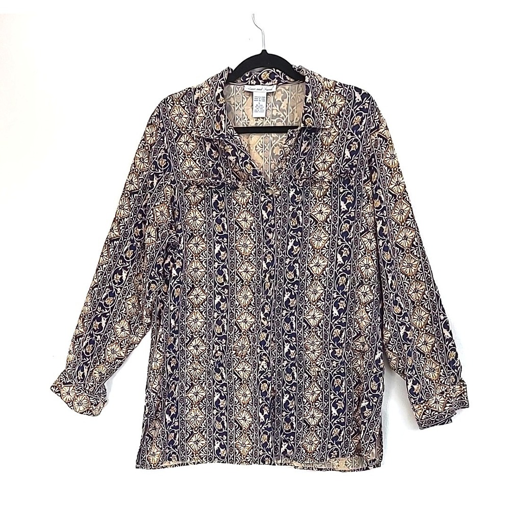 Anna and‎ Frank 100% Silk Blouse Tunic Floral Art Deco Button Up